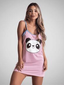 Camisola Alcinha Pijama Feminino Estampada Fresquinho Malha Vestido Confortável Curto Roupa de Dormir Adulto Âncora Flamingo - Lavanda - Visão 1
