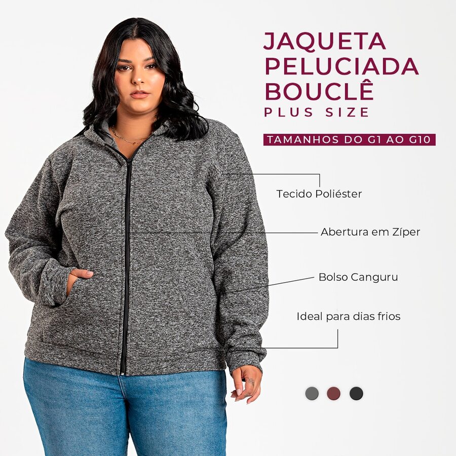 Plus Size Plush Bouclê Jacket G1 To G6 Front Zipper Soft Touch Sophisticated Style Comfort Cold Winter Cozy - 灰色 - 查看 1