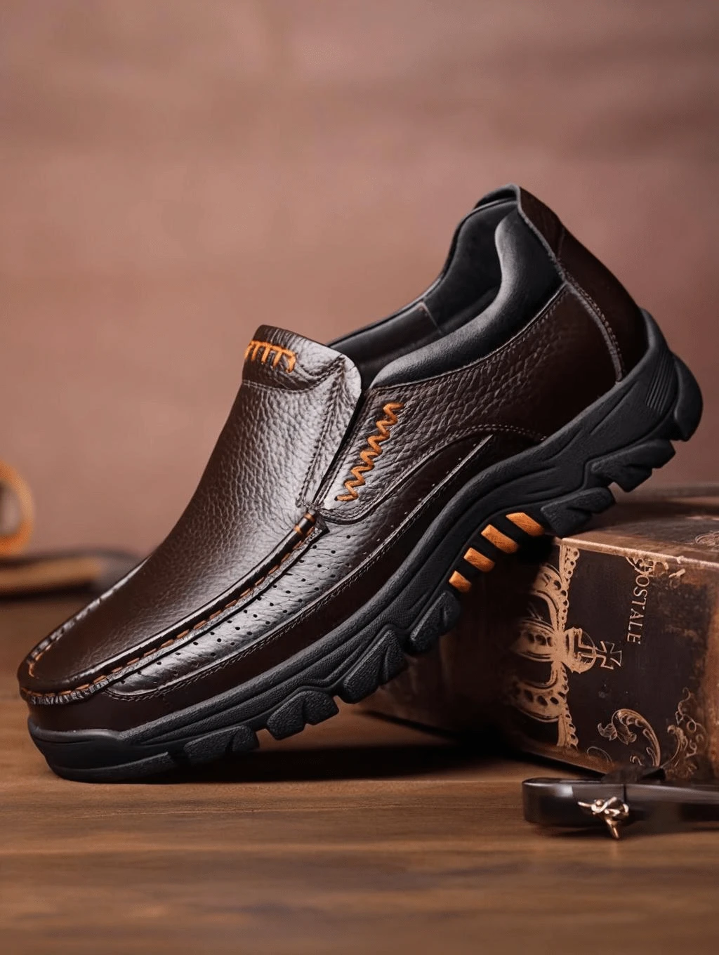 [Fast Arrival] Men's Business Casual One Foot Men's Shoes, Essential For Comfortable Travel, Textured Upper, Men's Lazy Shoes, Non Slip Sole - 棕色 - 查看 1