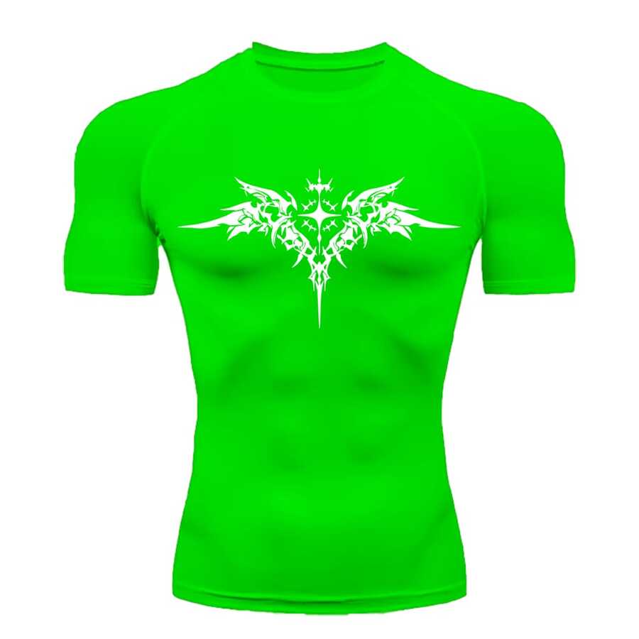 Compression Shirt UV Protection 50+ Short Sleeve Cyber Triball Front Wings 03 Rash Guard - Neon Green/White - View 1
