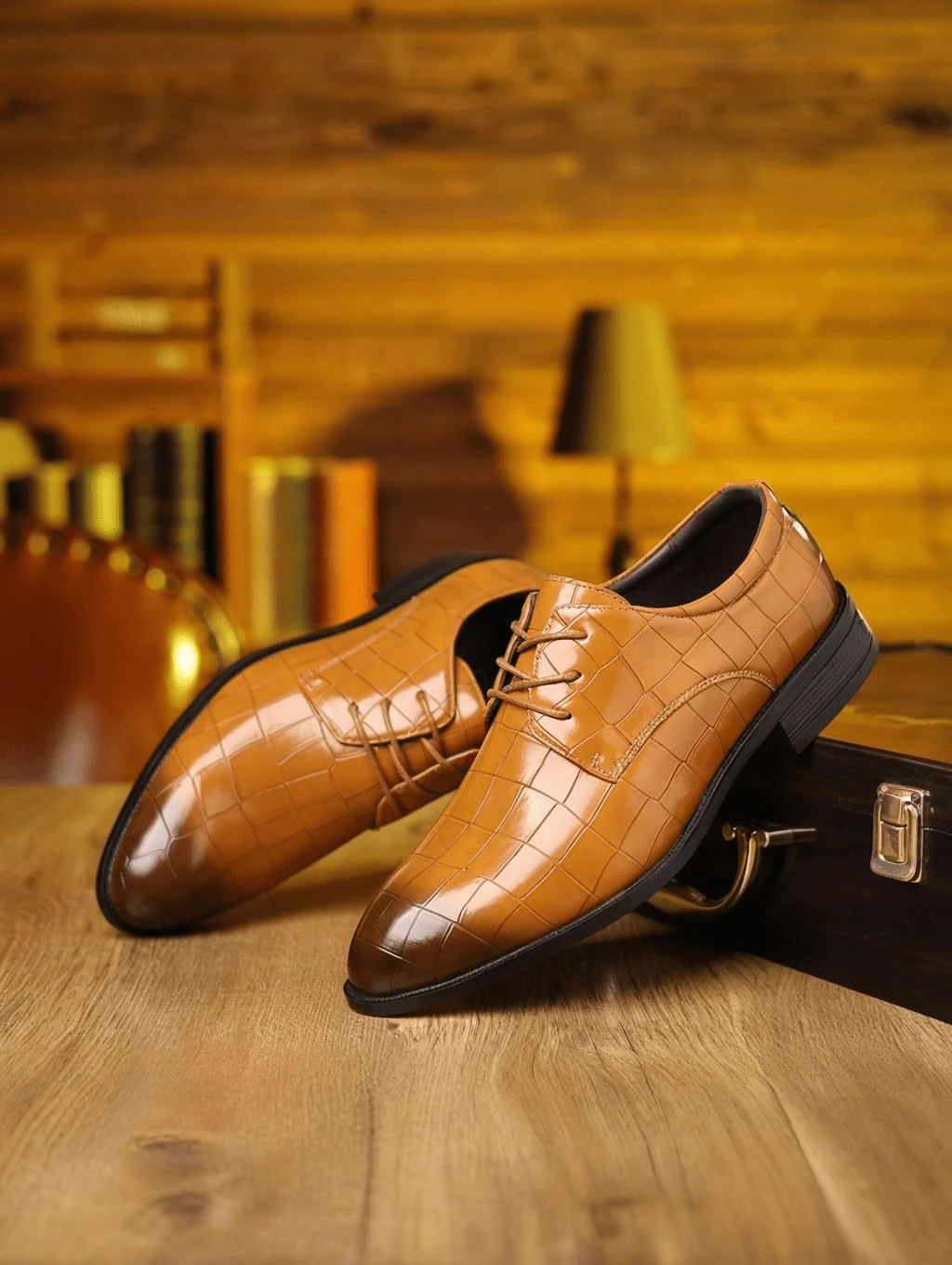 [Fast Arrival] Men's Business Grid Derby Shoes, PU Leather Upper, Durable Lace Up Formal Shoes For Men, Suitable For Daily Office And Formal Occasions - 棕色 - 查看 1