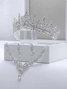 4 件婚礼和派对首饰套装 - 新娘皇冠、项链、耳环，经典巴洛克风格，适合伴娘、派对、舞会场合 - 銀色 - 查看 10