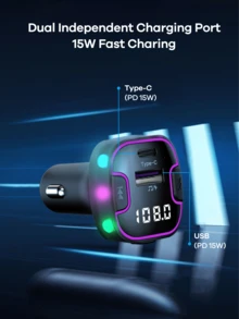 REMAX USB C Bluetooth Adapter For Car, AUX Wireless FM Radio Transmitter, PD 15W Fast Charger, Handsfree Calling & Audio Receiver, MP3 Music Player, QC3.0 & Type-C PD USB Charger,Colors LED Backlit, Fast Charging Cigarette Lighter, Car Accessories, Super Practical Car Stuff - 黑色 - 查看 3