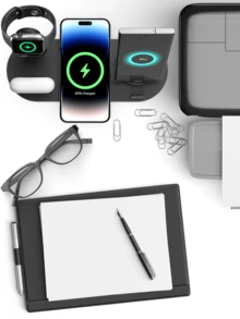 6 合 1 无线充电站，15W/7.5W/5W 无线充电，3 合 1 充电集线器 5V/0-1.5A MAX，3W 耳机充电，带 43.3 英寸 USB 连接线，多设备快速充电站，办公室无线充电器，桌面充电整理器，兼容 16、15、14、13、12、8、Galaxy S24、S23、S22、A54、A52 和系列 3/2 兼容 16 15 14 13 12 11 X 8 Pro Max/Pro/Mini/Plus，兼容 兼容 适用于办公室、宿舍和家庭 - 黑色 - 查看 4