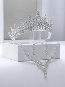 4 件婚礼和派对首饰套装 - 新娘皇冠、项链、耳环，经典巴洛克风格，适合伴娘、派对、舞会场合 - 銀色 - 查看 9