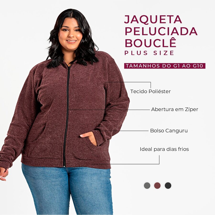 Plus Size Plush Bouclê Jacket G1 To G6 Front Zipper Soft Touch Sophisticated Style Comfort Cold Winter Cozy - 紫紅色 - 查看 1