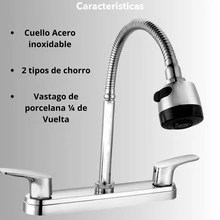 Mezcladora para fregadero cocina cuello flexible giratorio doble mando acero inoxidable aireador bajo consumo moderna color plateado brillante