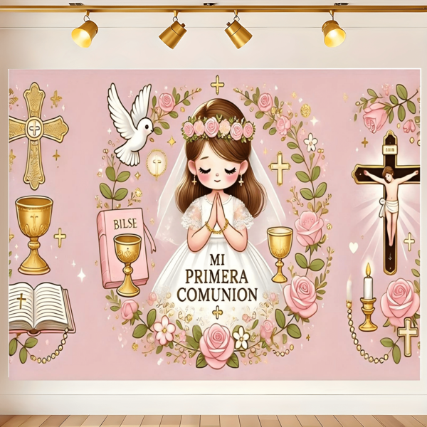 1pc First Communion Baptism Backdrop, Polyester Material, Pink Flower Design, Gold Decoration And Chalice Illustration, Suitable For First Communion Baptism Party Decoration, Parties And Celebrations, Photo Taking, No Electricity Required