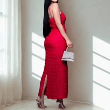 Vestido Largo Encaje Mujer Tirantes Elegante Sexy Formal Fiesta Boda Noche Verano Ropa Femenina Delicado Romántico Moda   Liso  Elegante  Fiesta  Tela  Espalda al aire - Rosa - Ver 3