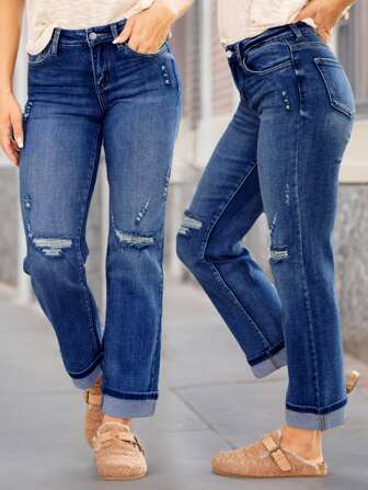 全新女式时尚弹力破洞修身牛仔裤，带口袋 - 弹性直筒牛仔裤