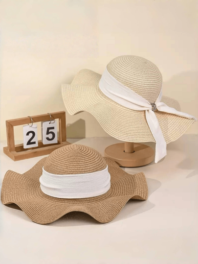 قبعة القش ذات الحافة العريضة القابلة للطي الجديدة للنساء 1 قطعة، حماية من أشعة الشمص للشاطئ