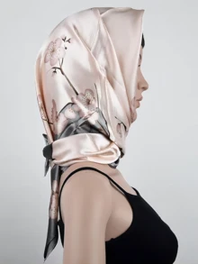 1入組90cm方形圍巾，春夏新款色彩鮮艷印花女士絲巾，緞面光滑防曬披巾、頭巾、髮帶，理想打扮造型配件 - 粉色 - 查看 4