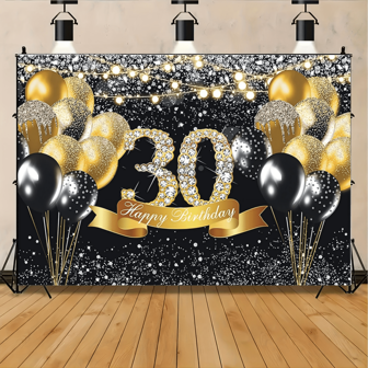1 stuk achtergronddoek met 30e verjaardagsthema, polyestermateriaal, zwart en goudkleurig achtergrondthema, geschikt voor verjaardagsfeestdecoratie, woonkamer- en slaapkamerdecoratie, foto-accessoires, geen elektriciteit vereist