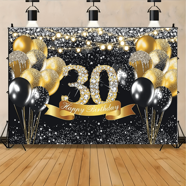 1pc Black & Gold 30th Birthday Party Backdrop Banner, Polyester Material, Black & Gold Color Scheme, Suitable For Living Room, Bedroom, Office, Birthday, Anniversary Celebration And Home Decor, Outdoor And Indoor Party, Heavy-Duty Photo Background, Entrance, Room Decoration, Indoor & Outdoor Celebration, Perfect Gift For Friends, Family, Party Planner