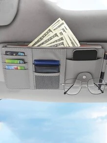 1pc Car Sun Visor Storage Bag, Leather Zippered Organizer Pouch, Multi-Function Card Holder, Suitable For Men And Women