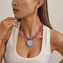 Bohemian Style Polymer Clay Flower Jewelry Set, Multilayer Freshwater Pearl Plumeria Necklace, Europe & America Cross-Border