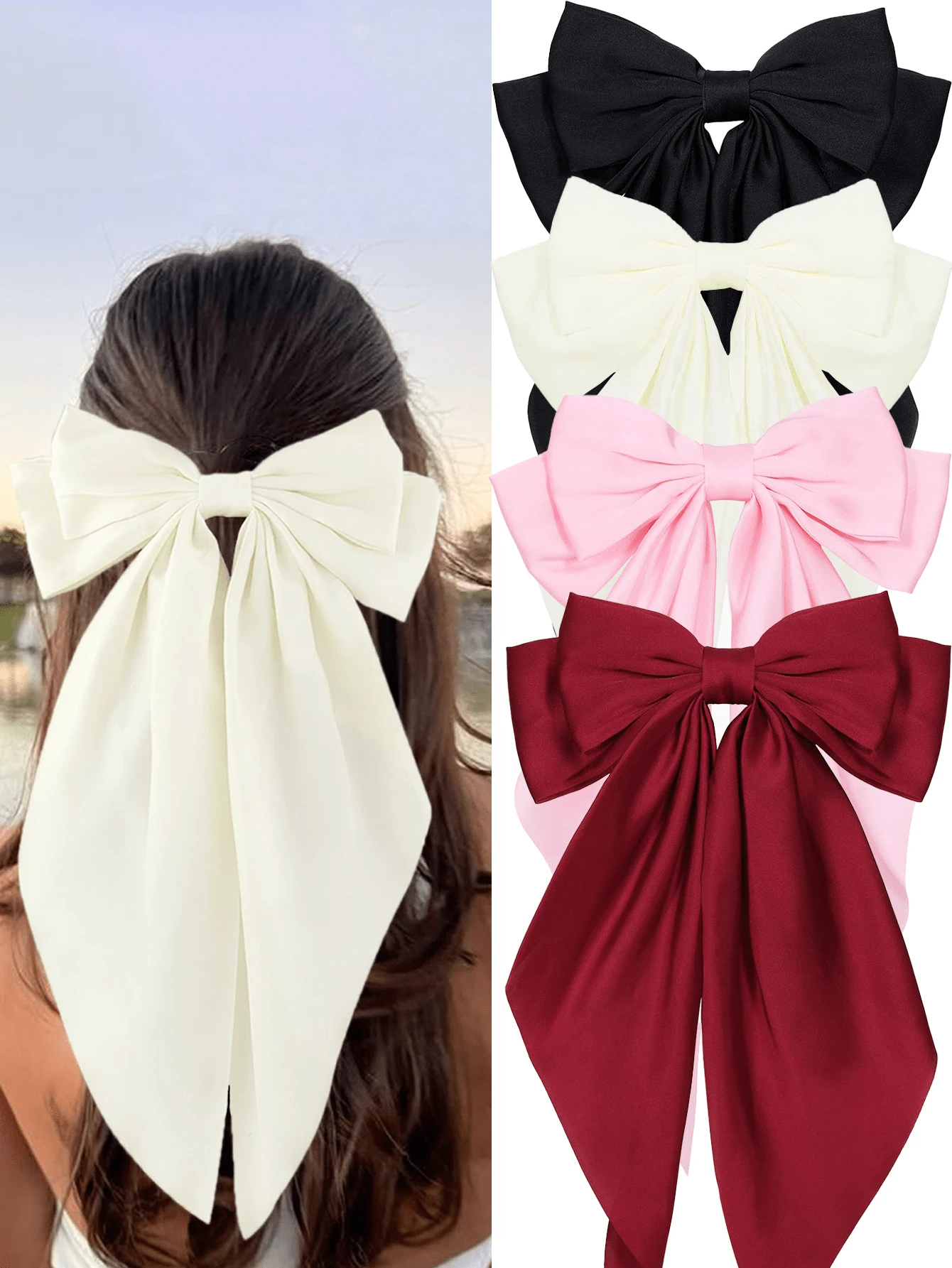 1/4 件装女士大蝴蝶结发夹，黑色、米色、粉色、酒红色，女士蝴蝶结，丝带，丝带蝴蝶结，发夹，蝴蝶结，派对发饰，母亲节时尚，日常派对，时尚发饰爪夹，发爪，发卡，学习用品，新年，情人节配饰 - 彩色 - 查看 1