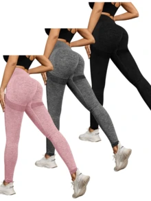 3pcs Workout Leggings For Women Contour High Waisted Gym Yoga Pants Tights, Seamless Stretch Athletic Sports Pants, Ultra Breathable, Moisture-Wicking, Quick-Drying Yoga Pants For Running, Fitness, And Casual Style - 粉紅色+黑色+灰色 - 查看 2