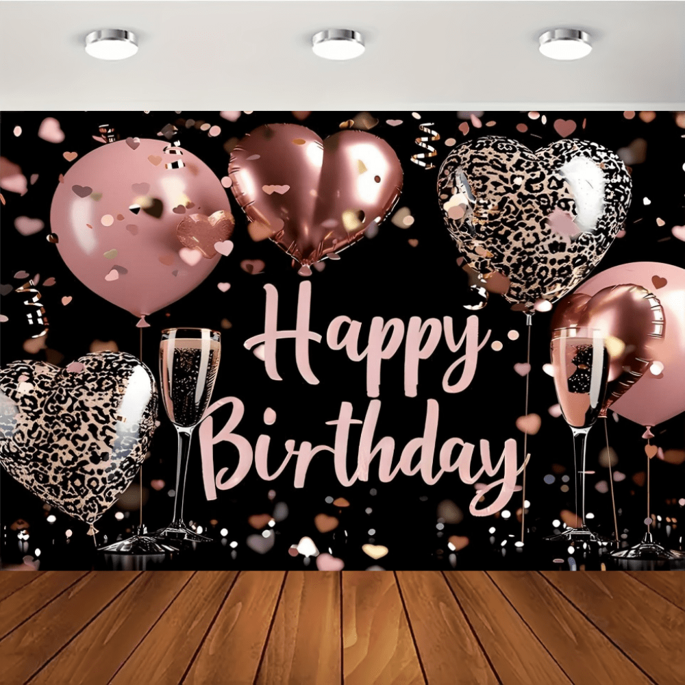 1pc Elegant Black And Pink Birthday Backdrop Cloth, Polyester Material, With Balloons, Champagne And Confetti Design - Perfect For Surprise Party Photos And Unforgettable Celebrations, Birthday Party Decorations, No Electricity Required