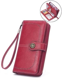 1 件复古 RFID PU 皮革钱包，带纽扣装饰，腕带钱包，适合商务休闲，男女通用 - 彩色 - 查看 4