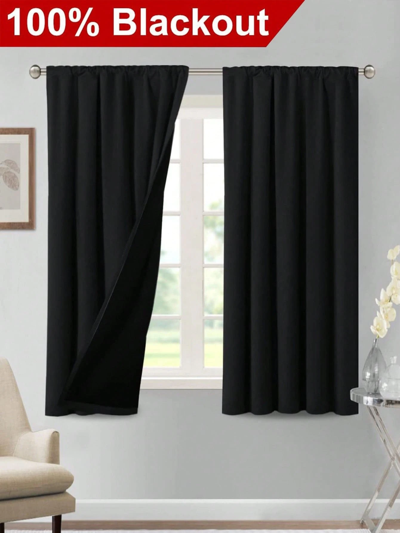 1pc Blackout, Heat Insulating Curtain Fabric - 99% UV-Resistant Polyester, Rod Pocket Hanging Style, Non-Bleachable Flat Woven, Bedroom Art Theme, Coated Blackout & Heat Insulating, Energy-Saving, Sound Absorbing - Ideal For Bedroom, Cabin, And School For Deep Sleep