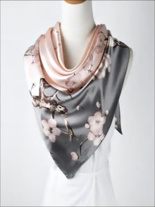 1入組90cm方形圍巾，春夏新款色彩鮮艷印花女士絲巾，緞面光滑防曬披巾、頭巾、髮帶，理想打扮造型配件 - 粉色 - 查看 3