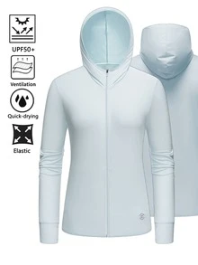 Jaqueta com capuz feminina com proteção solar FPS 50+, leve, respirável e com zíper, para atividades ao ar livre