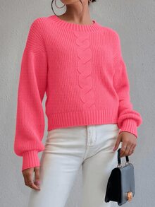 Blusa Trico Feminina Trançadas Manga Longa Gola Redonda Novidade - Rosa chiclete - Visão 1