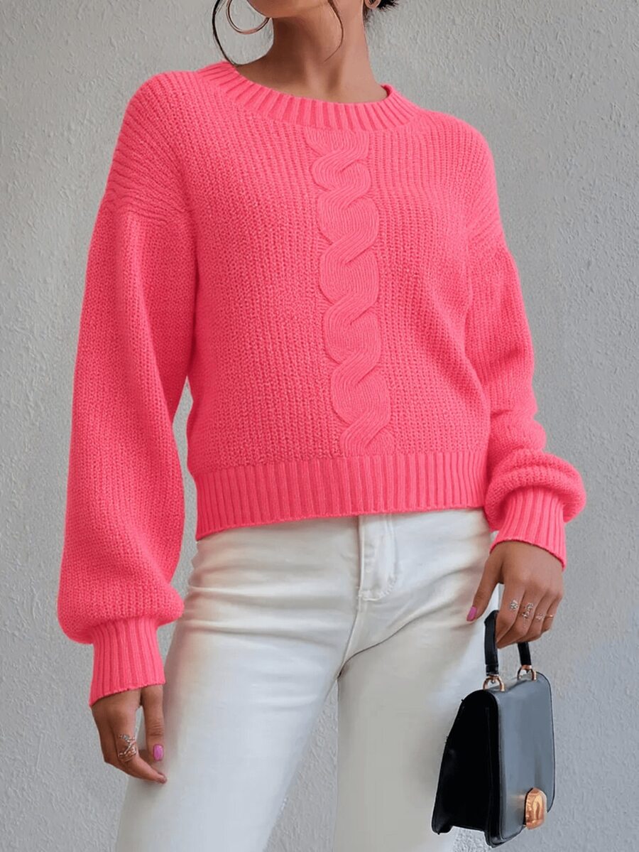 Blusa Trico Feminina Trançadas Manga Longa Gola Redonda Novidade - Rosa chiclete - Visão 1