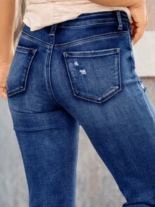 New Women's Fashion Elastic Distressed Skinny Jeans With Pockets - Elastic Straight Leg Jeans - Dark Wash - View 6