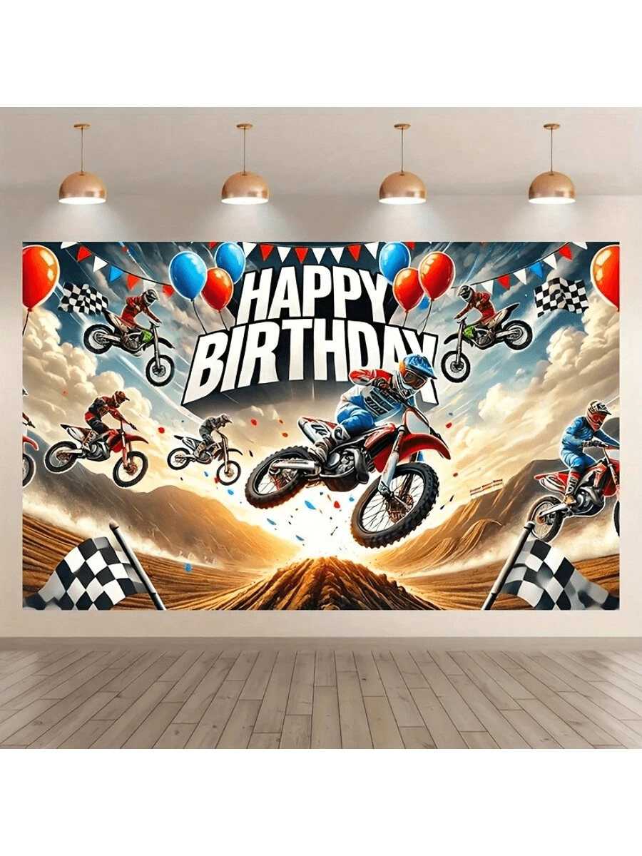 1 pieza Telón de fondo de tela con globo de motocicleta para cumpleaños, adecuado para decoración de fiesta de cumpleaños, decoración del hogar, decoración de paredes, decoración interior y exterior, fondo de fotografía, conmemoración del aniversario, cortinas, manteles y uso universal