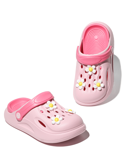 HOEASE Girls' Stylish Casual Garden Clogs, EVA Soft Sole Comfortable Non-Slip Breathable Beach Shoes Slippers For Boys And Girls, With Exclusive White Flower Charms, Ideal Gift For Halloween And Christmas, All-Season Wear