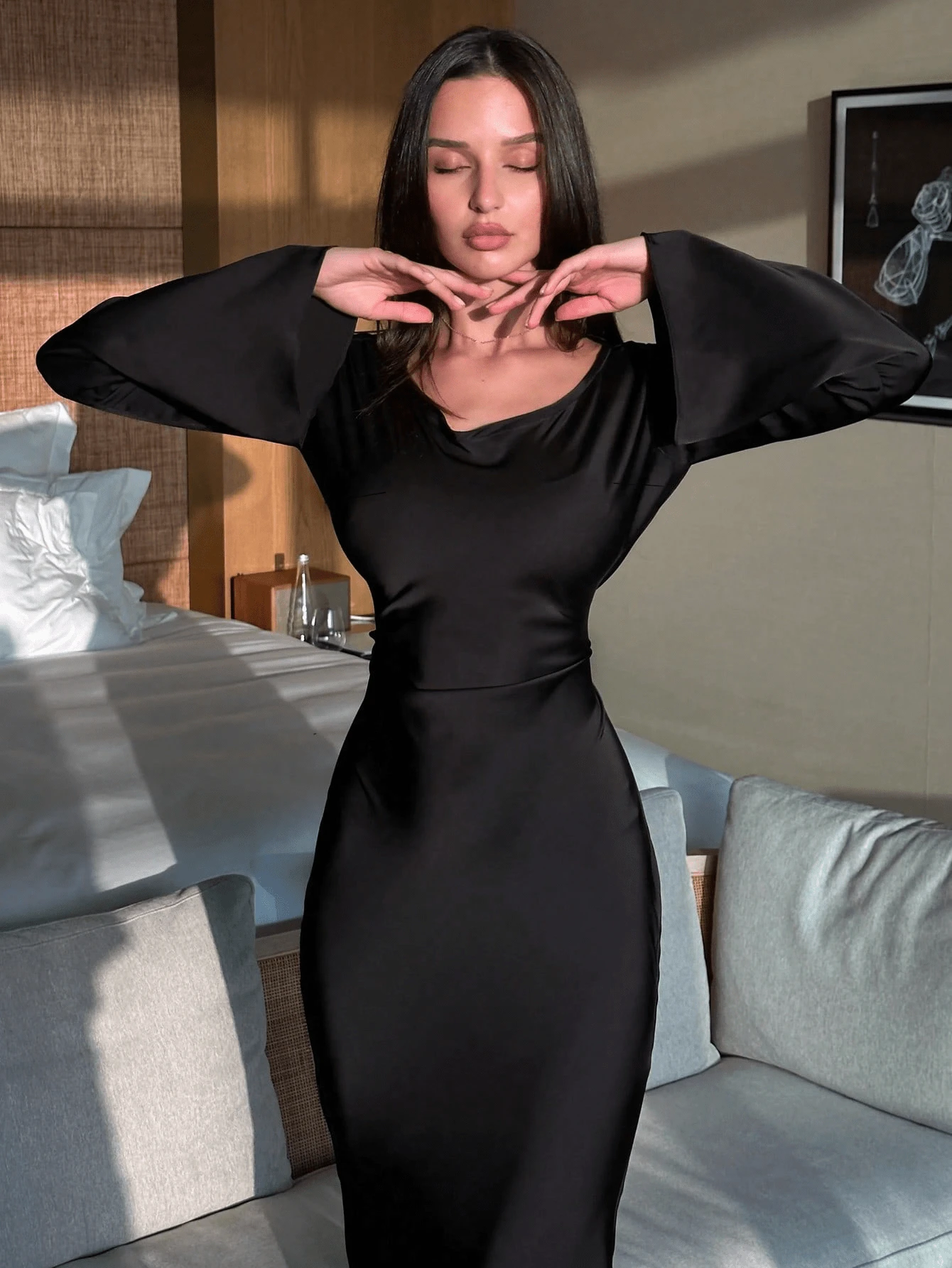 1pc Fashion Slim Fit Satin Smooth Back Drawstring Dress, Soft Fabric, Comfortable And Natural Wear, Middle Eastern Abaya Dress - Black - View 1