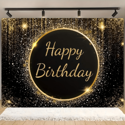 1pc Elegant Gold Theme Background Banner, Polyester Material, Black Background Gold Birthday Theme Design, Suitable For Birthday Party Photo Background, Suitable For Birthday Party, Anniversary, Theme Party, Family Indoor And Outdoor Garden Decoration