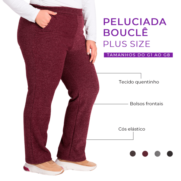 Calça Feminina Bouclê Plus Size G1 a G3 Tecido Quente Elegante Confortável Cós Elástico Bolsos Frontais Inverno