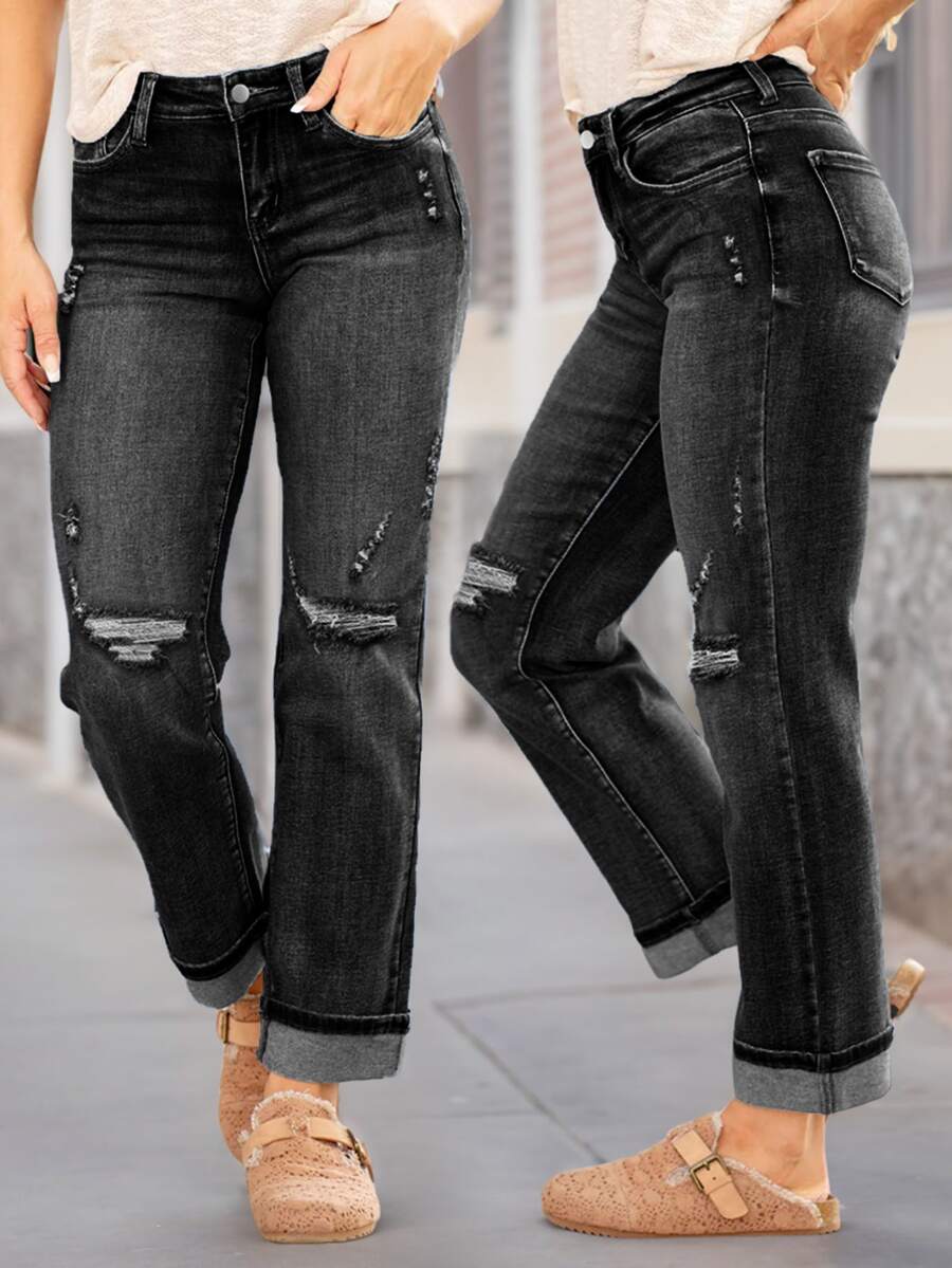 New Women's Fashion Elastic Distressed Skinny Jeans With Pockets - Elastic Straight Leg Jeans - Black - View 1