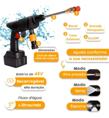 Lavadora de Alta Pressão Bivolt Portátil Profissional Sem Fio Recarregável 110V E 220V com 48V Bateria-Envio Imediato - Preto - Visão 3