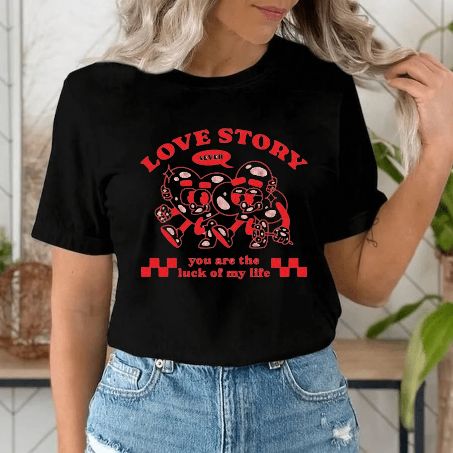Southern Marsh Womens T Shirt Ropa De Verano Mujer Love Story Cartoon Character Print T Shirt F Big Savings Crew Neck Ringer T Shirt For Vintage Lovers - Solves Modern Blandness - Vintage Touch - Black - View 1