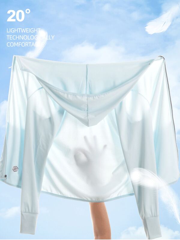 Jaqueta com capuz feminina com proteção solar FPS 50+, leve, respirável e com zíper, para atividades ao ar livre