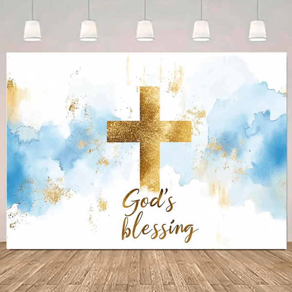 1pc God Bless Cross Communion Background Fabric, Polyester Material, With Gold Cross Design, Watercolor Design With Gold Glitter Decoration, Suitable For Wedding Party, Home Decoration, Photo Photography, No Electricity Required