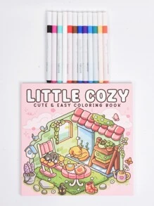 1pc Little Cozy :Easy Coloring Book For Adults And Teens, Coloring Book Super Cute Designs Of Cozy, Hygge Spaces For Relaxation (Cozy Spaces Coloring) .Back To School A Relaxing Gift For Friends, Couples, And Family . Painting Kit [Default Without Pen]