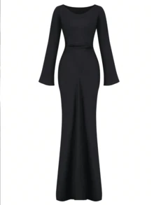 1pc Fashion Slim Fit Satin Smooth Back Drawstring Dress, Soft Fabric, Comfortable And Natural Wear, Middle Eastern Abaya Dress - Black - View 4