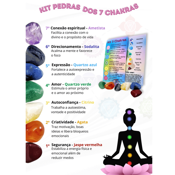 Kit 7 Pedras Dos Chakras Pedras Cristais 100% Naturais Equilibrio - Reiki Meditação Conexão E$piritual