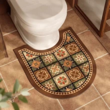 1/3pcs Set Brown Floral Tile Non-Slip Water Absorbent Bathroom Mat, Silica Gel Retro Pattern Bath Mat, U-Shaped Toilet Mat And Vanity Mat, 2.5mm Thickness Entryway Decor Bathroom Kitchen Decor Kitchen Rug - Gạch nâu - Xem 3