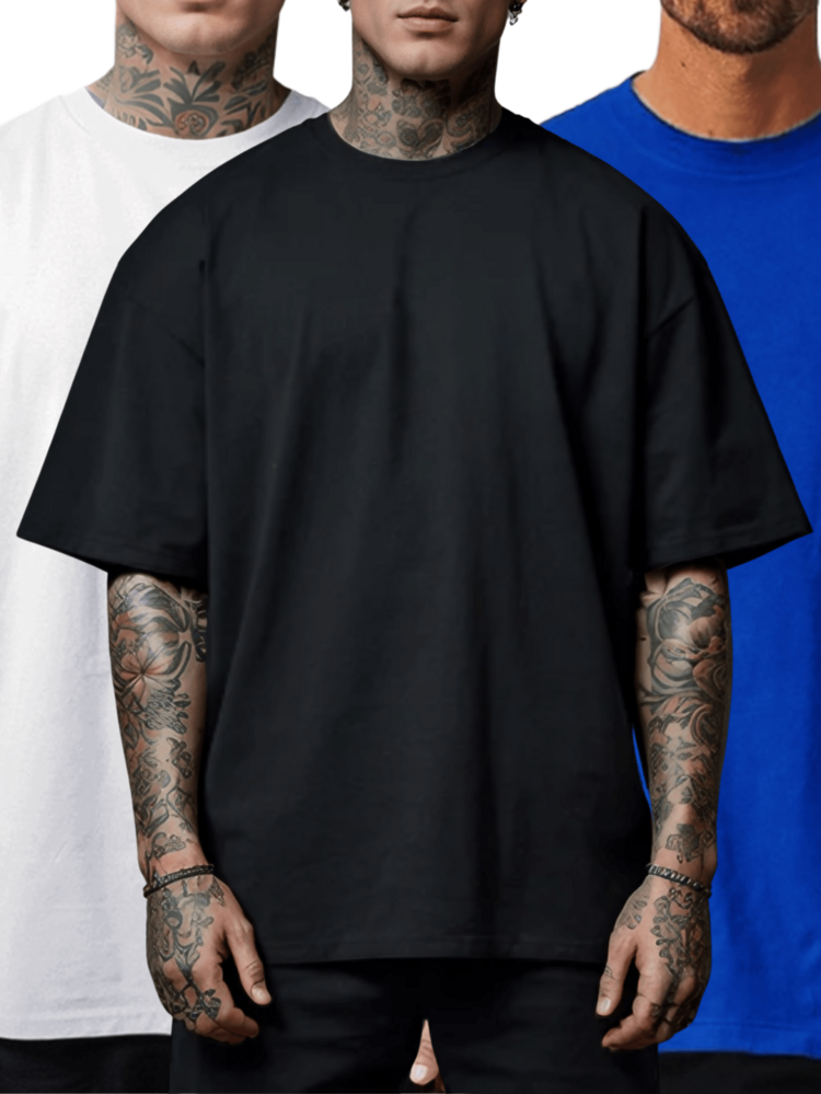Kit 3 Oversized T-Shirts Streetwear Cotton Oversize Shirt Blouse 100% Cotton Street Fashion - Blue - View 1