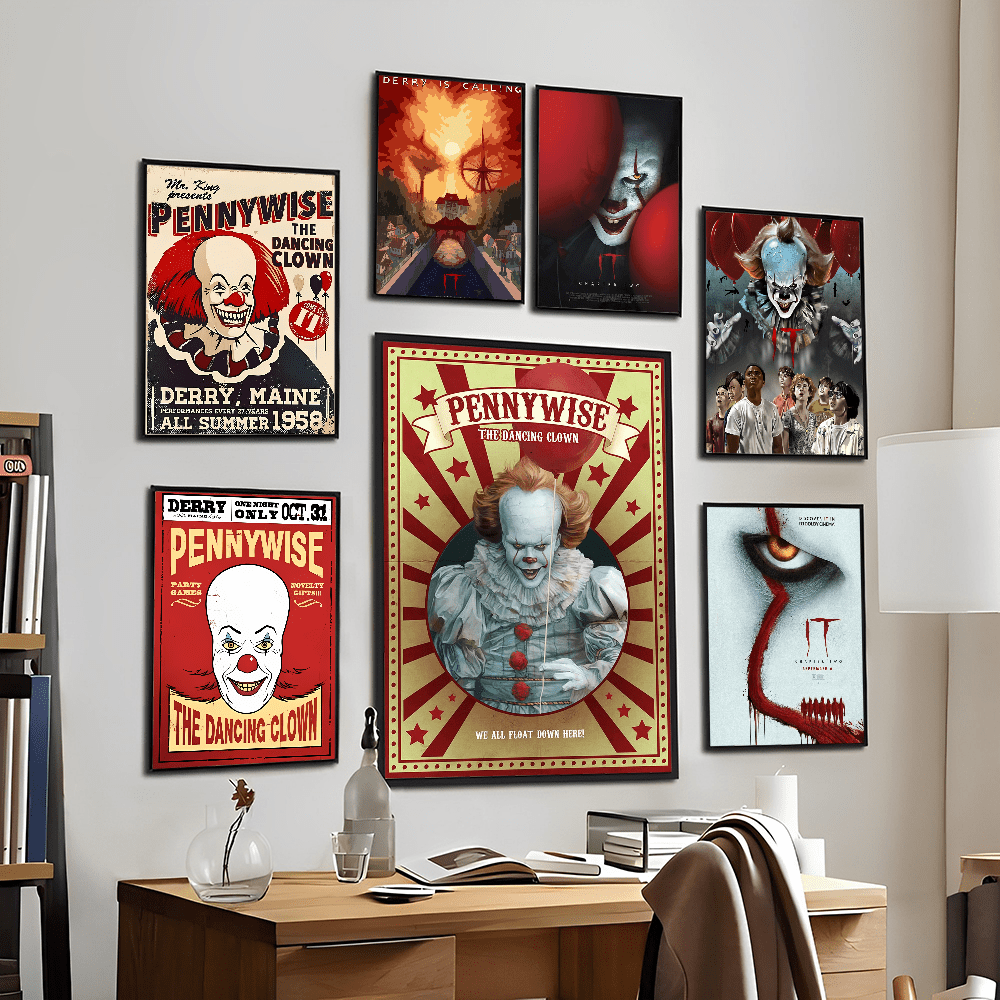 WB 1/10PCS Horror Film It Pennywise Clown Vintage Posters DIY Room Bar Cafe Room Wall Art Decor Painting Wall Pictures For Living Room Decoration Classic Cartoon Bedroom Decoration - Frameless