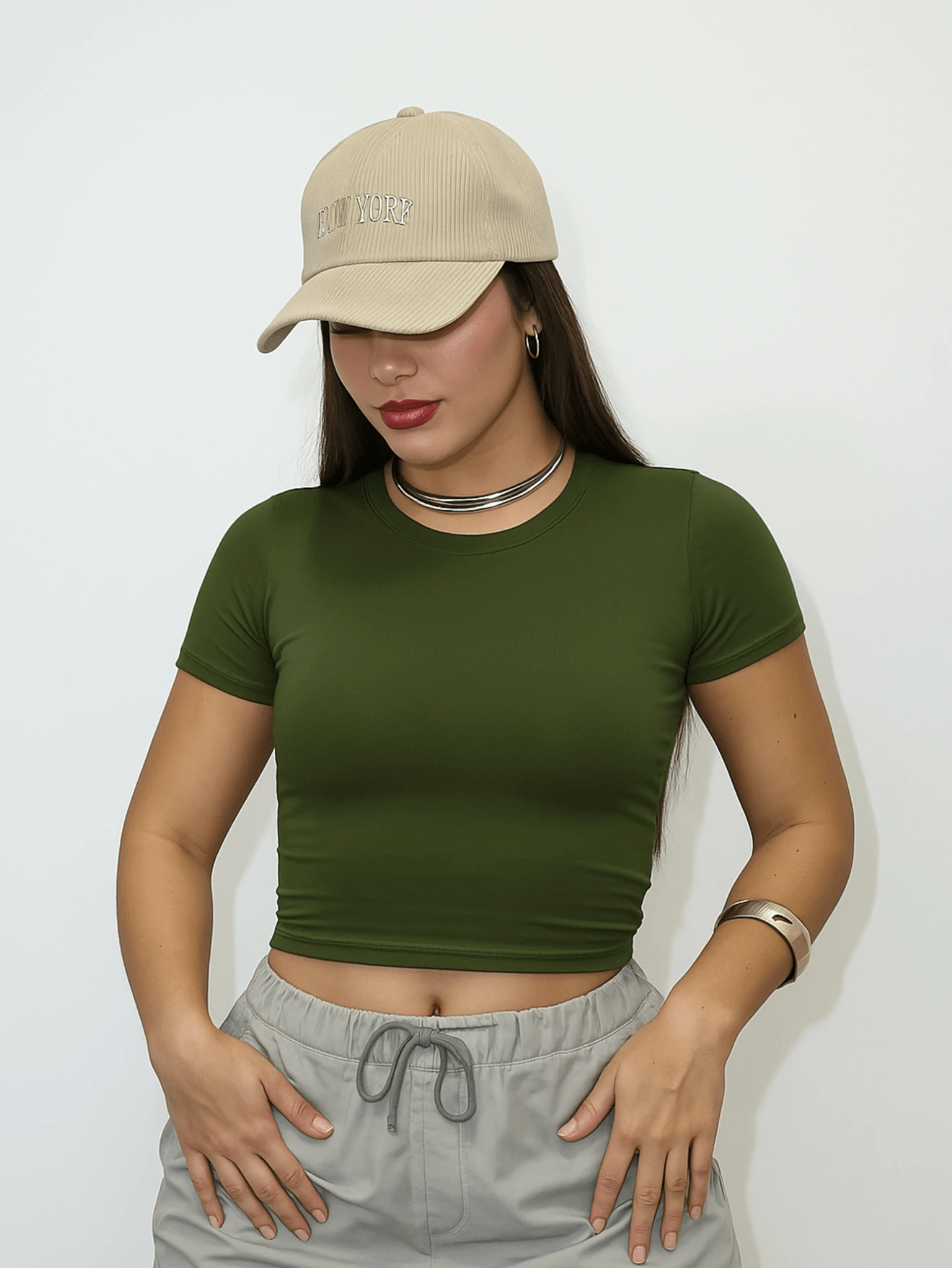 Women's Gym Cropped Top With Sleeves, Suplex, Stylish, Everyday, Training, Running - 墨綠色 - 查看 1