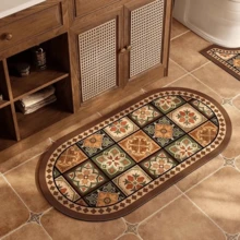 1/3pcs Set Brown Floral Tile Non-Slip Water Absorbent Bathroom Mat, Silica Gel Retro Pattern Bath Mat, U-Shaped Toilet Mat And Vanity Mat, 2.5mm Thickness Entryway Decor Bathroom Kitchen Decor Kitchen Rug - Gạch nâu - Xem 5