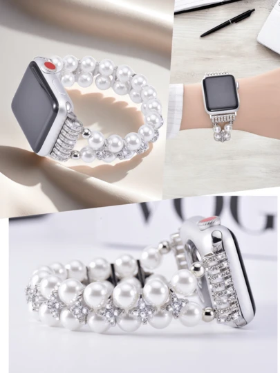 1 pieza Correa de reloj con cuentas, se ajusta a 41mm, 40mm, 38mm, 42mm, 44mm, 45mm, 49mm Series 11/SE 3/Ultra 3, disponible en blanco, plateado, negro, azul, oro, gris espacial, oro rosa