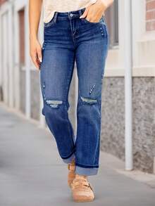 New Women's Fashion Elastic Distressed Skinny Jeans With Pockets - Elastic Straight Leg Jeans - Dark Wash - View 2